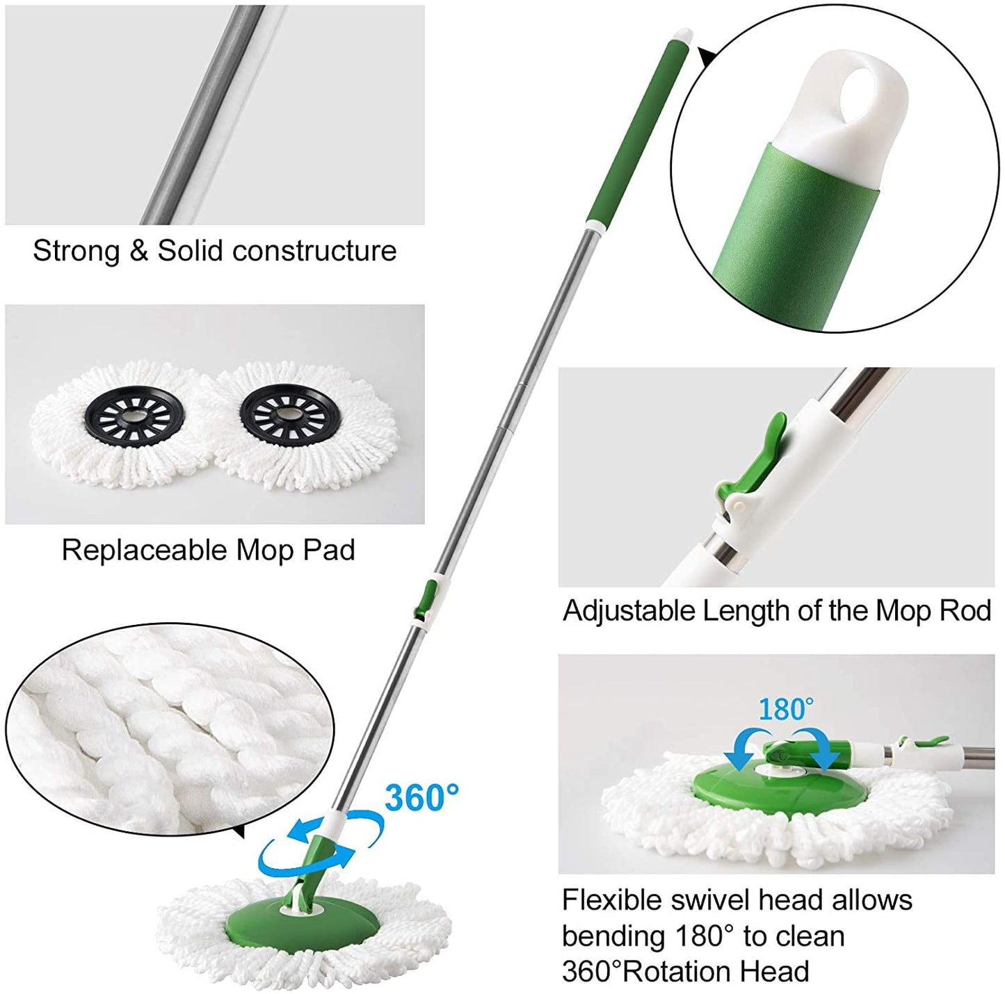 Eyliden Microfiber Spin Mop Bucket System with Total 2 Mop Pads Wringer Floor Cleaning 43"-53" Hardwood Ceramic Tile Laminate 180°Rotation Mop