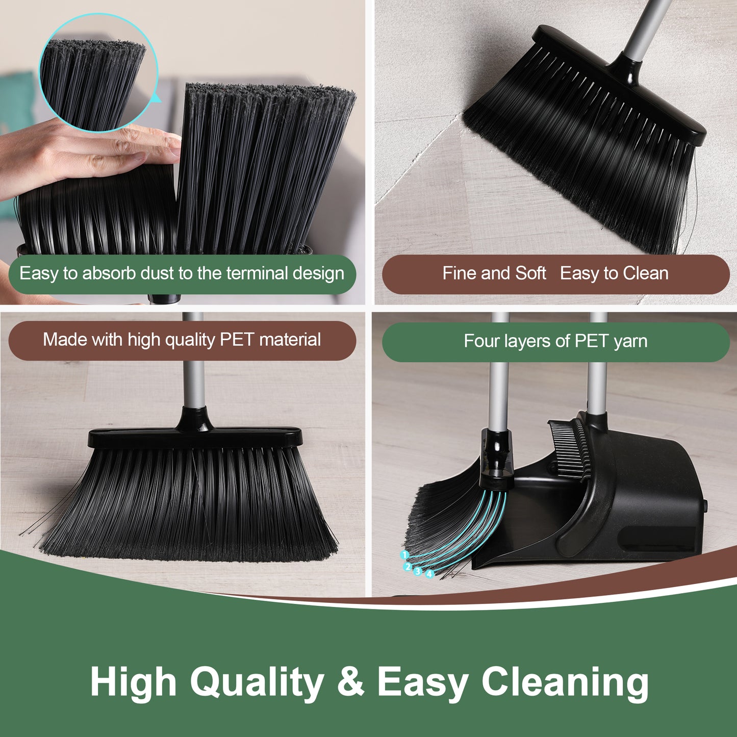 Eyliden Broom Dustpan Set, Broom and Dustpan Combo with 52" Long Handle for Lobby Kitchen Room Office Indoor, Dustpan with Broom Set for Home, Floor Use Lobby Dust Pan Sweep Combo Black
