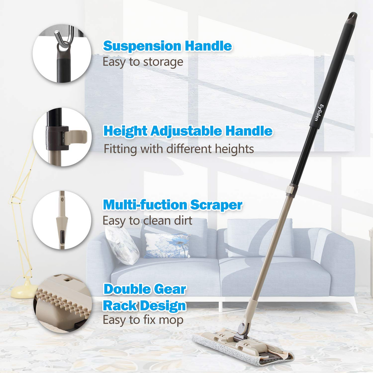 Eyliden Wet Dry Microfiber Mop with Adjustable Long Handle and 2 Reusable Machine Washable Mop Pads Built-in 2pcs Scraper Commercial Household Flat Mops for Hardwood Tile Vinyl Stone Floor Cleaning