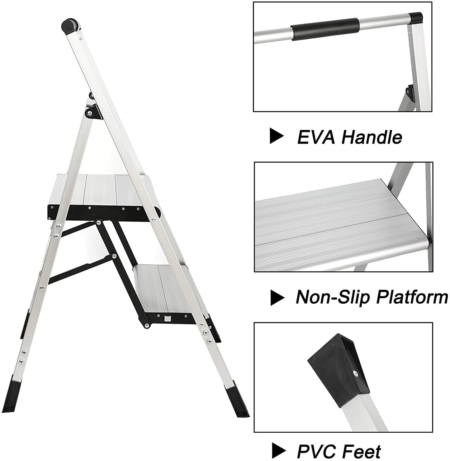 Eyliden 3 Step Stool, Lightweight Aluminum Folding Step Stool, Multi-Use Non-Slip Wide Platform Ultra-Light Sturdy Stool, 225lbs Capacity, Fully Assembled for Household and Office