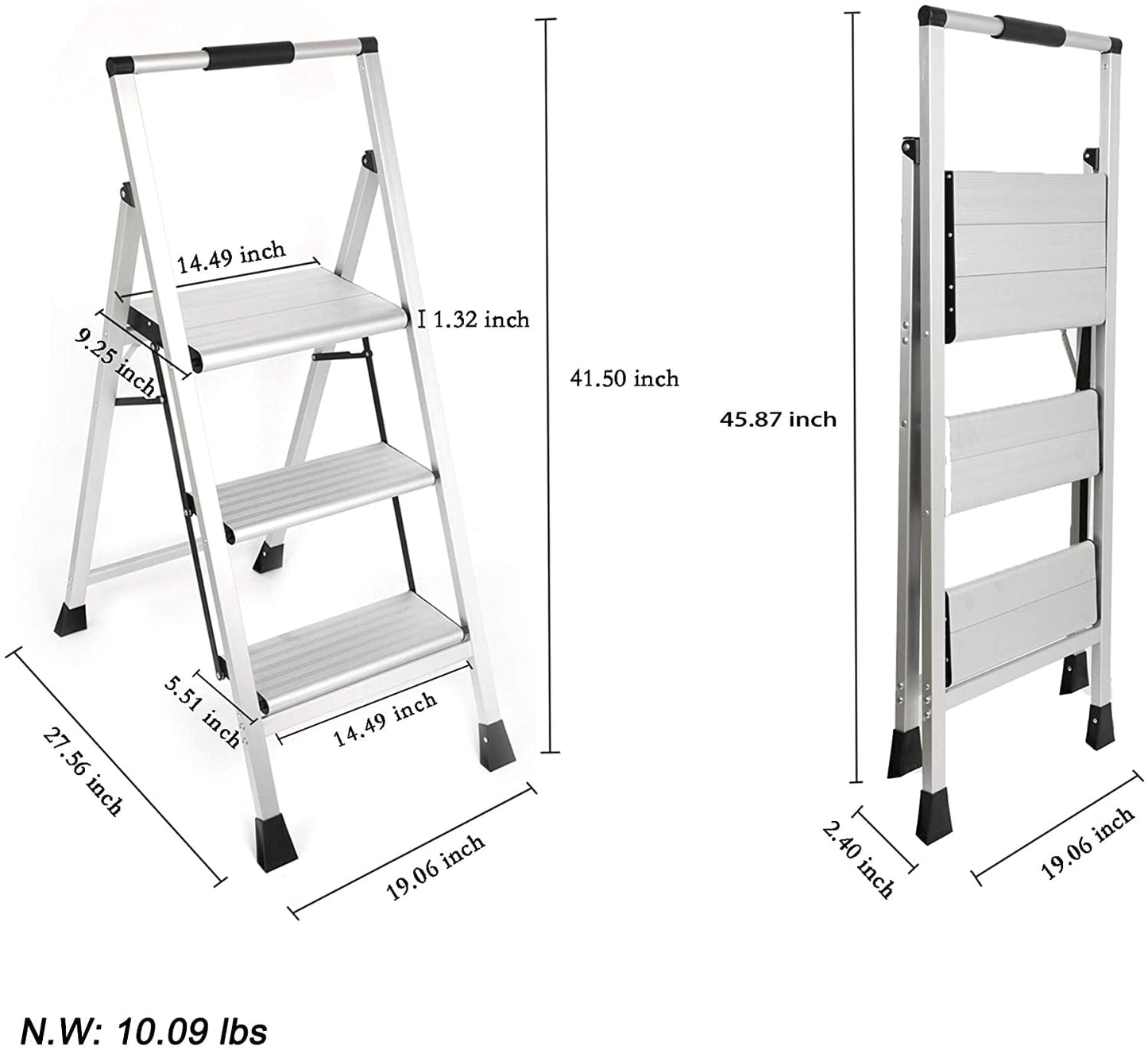 Eyliden 3 Step Stool, Lightweight Aluminum Folding Step Stool, Multi-Use Non-Slip Wide Platform Ultra-Light Sturdy Stool, 225lbs Capacity, Fully Assembled for Household and Office