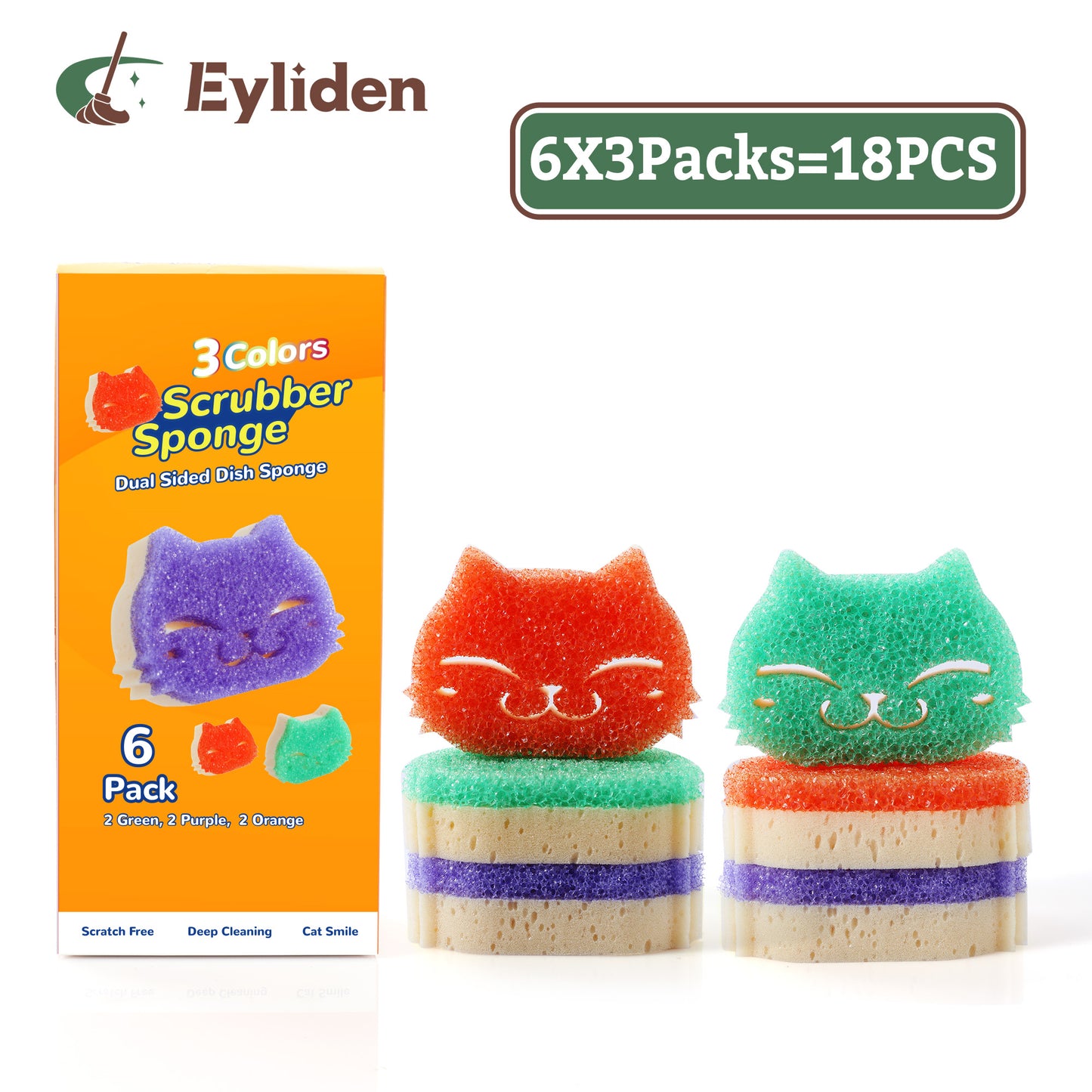 Eyliden Smiley Scrubber Sponge for Kitchen Dish Cleaning, Temperature-Transformed Dual-sided, 18 Count