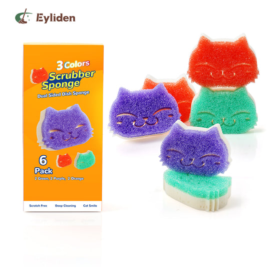 Eyliden Dual-Sided Scrubber Brush Dish Sponges Scratch-Free Cat Smile Face, Multipurpose Cleaning for Kitchen & Bathroom