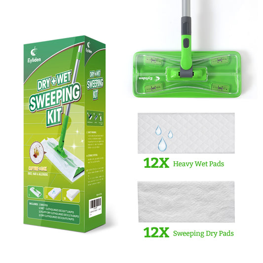 Eyliden Sweeper Mop Starter Kit with 24 Refills, Disposable Dust Mops for 2-in-1 Wet and Dry Floor Cleaning, Kit includes 1 Mop, 12 Wet Mop Cloths, 12 Dry Sweeping Cloths