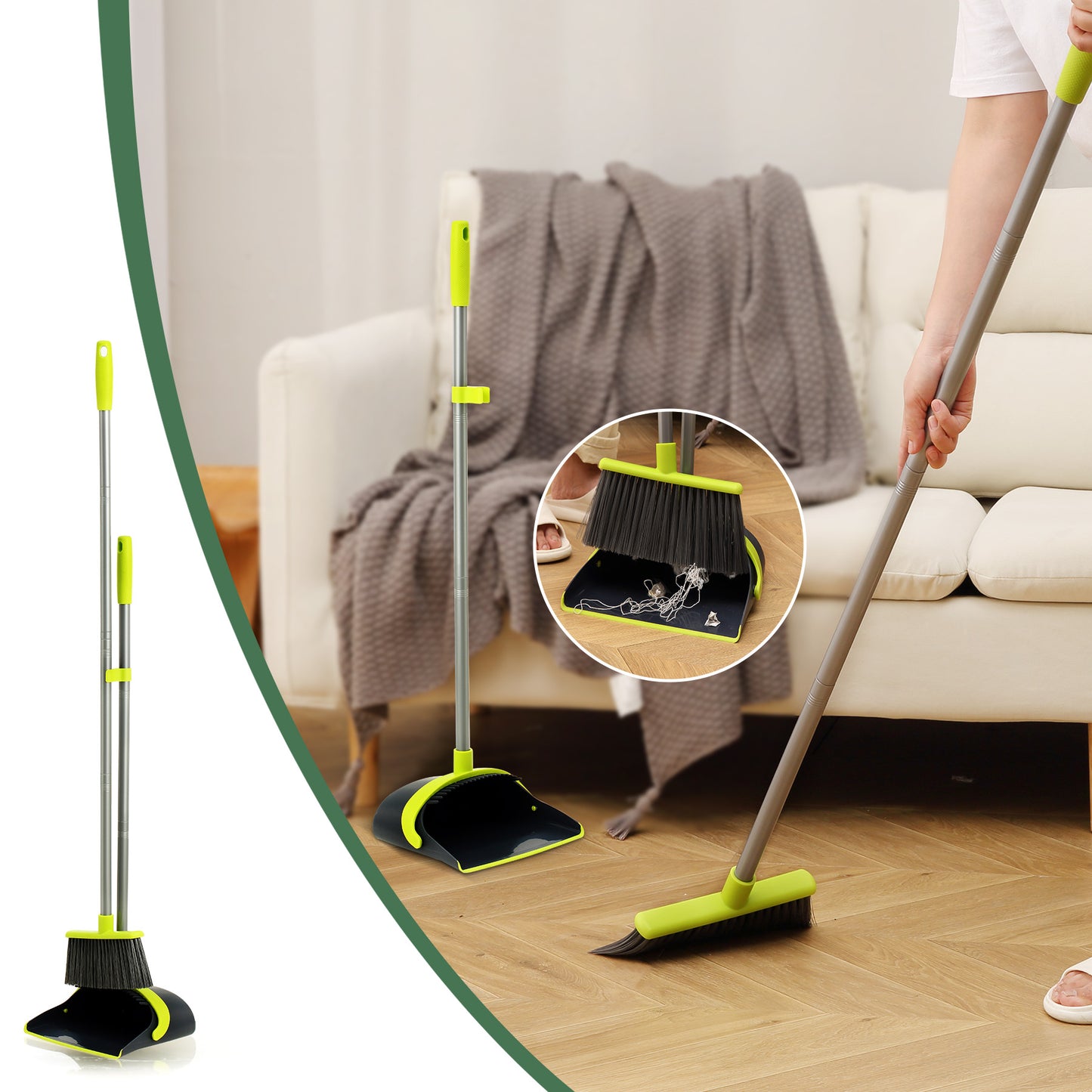 Eyliden Upgrade Broom and Dustpan Combo Set with Soft-touch Handlegrip, Extendable to 52",Green & Grey