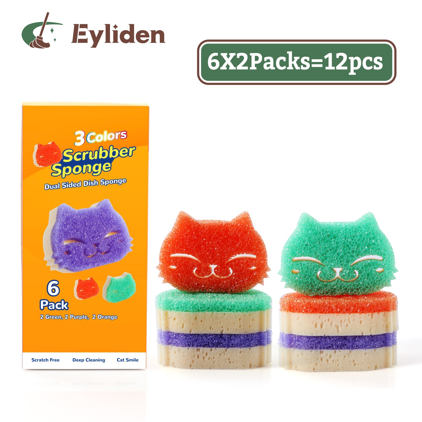Eyliden Scrubber Sponge for Kitchen Dishes, Dual-Sided, Smiley Happy Face, 12 Count