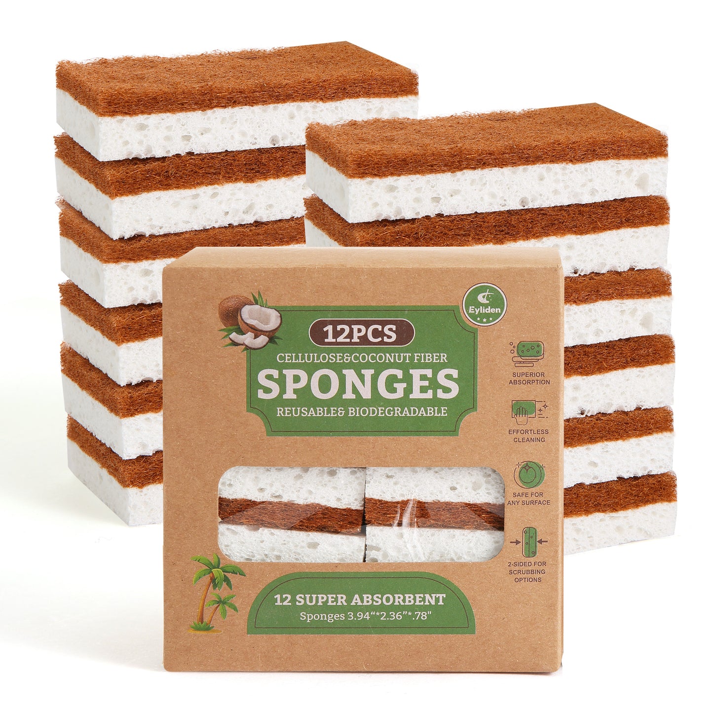 Eyliden  Dual-Sided Natural Cellulose Sponges - Coconut Fiber Scrub for Dishes, 12 Pack