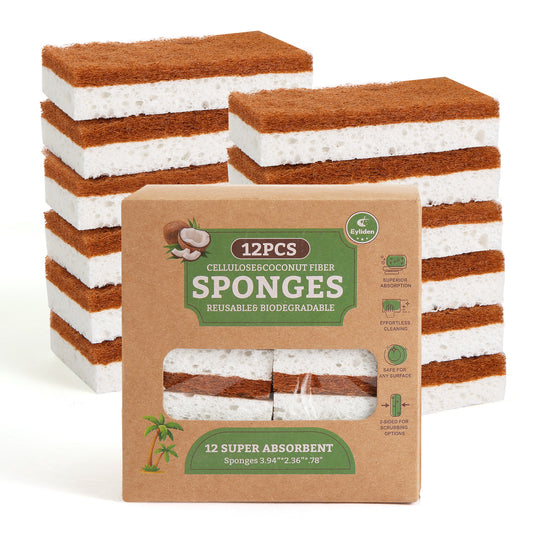 Eyliden  Dual-Sided Natural Cellulose Sponges - Coconut Fiber Scrub for Dishes, 12 Pack