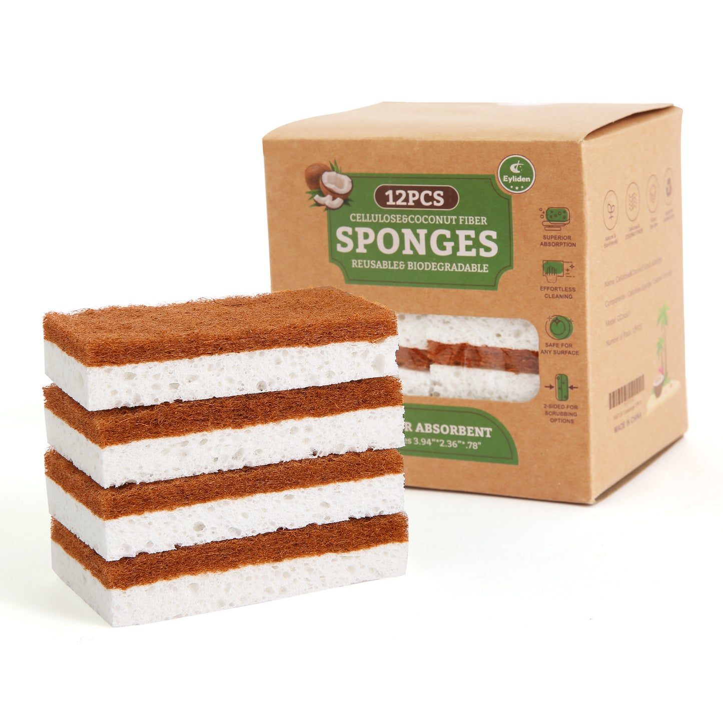 Eyliden  Dual-Sided Natural Cellulose Sponges - Coconut Fiber Scrub for Dishes, 12 Pack