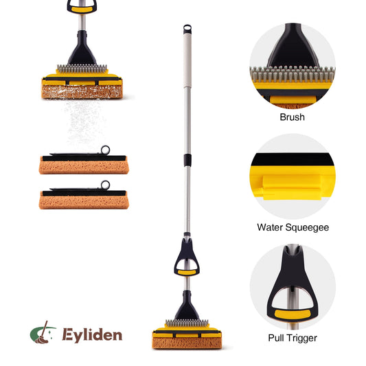 Eyliden Sponge Mop with 53" Adjustable Long Handle Easy Wring Water Absorb Cleaner for Home Commercial Use Floor Cleaning, Black