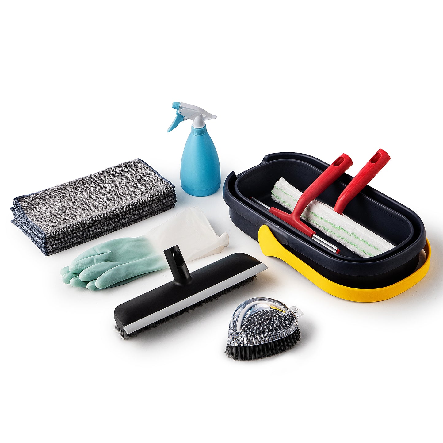 Bathroom Cleaning Set with Collapsible Bucket,Window Squeegee,Bathtub Brush,Floor Scrubber Brush,Cleaning Cloth,Watering Can,Rubber Gloves for Bathroom Floor, Tub, Shower, Tile Surface