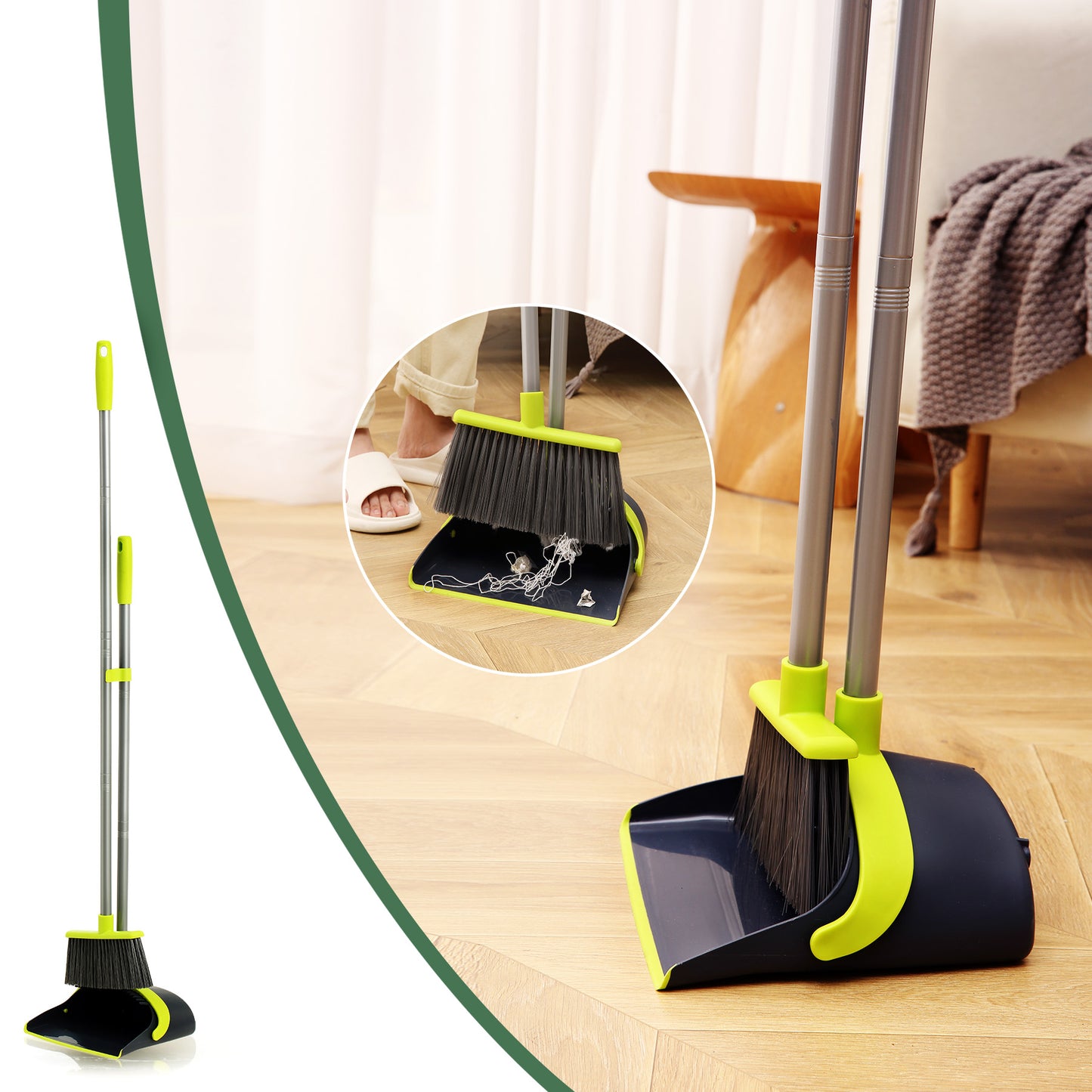 Eyliden Upgrade Broom and Dustpan Combo Set with Soft-touch Handlegrip, Extendable to 52",Green & Grey