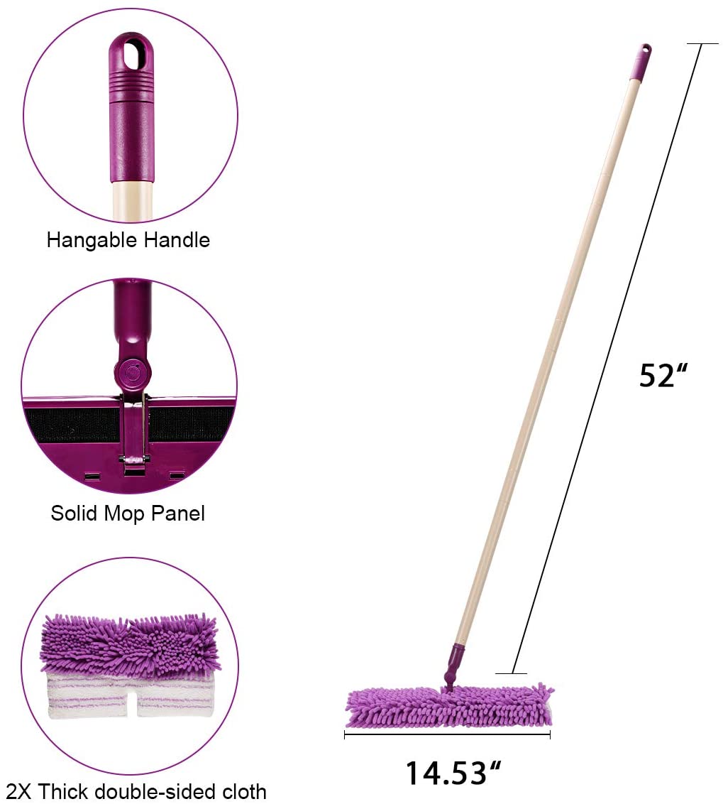 Eyliden Dust Mop with 52" Long Handle for Wooden Floor Cleaning with Total 2 Extra Microfiber & Chenille Replacement Mop Pads for Wood Tiles Hardwood Wet & Dry Mopping (Purple)