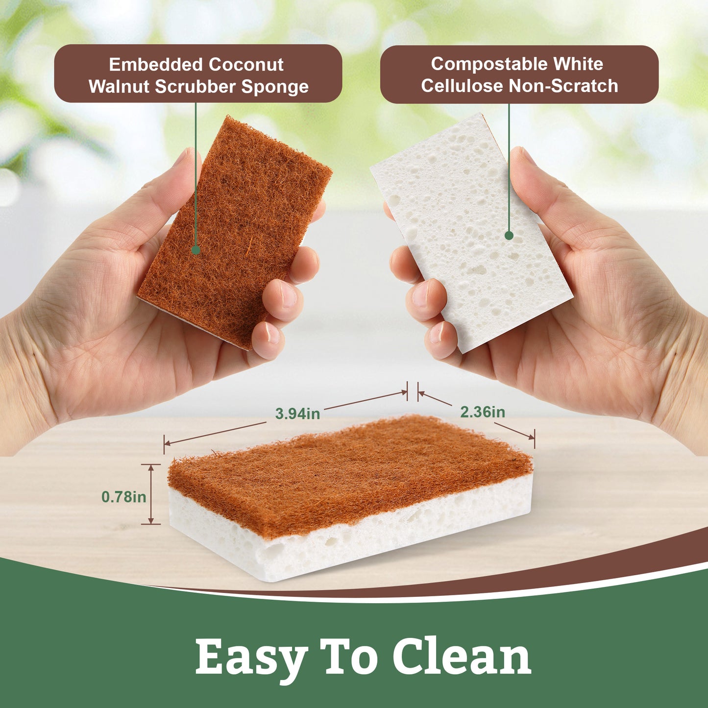 Eyliden  Dual-Sided Natural Cellulose Sponges - Coconut Fiber Scrub for Dishes, 12 Pack