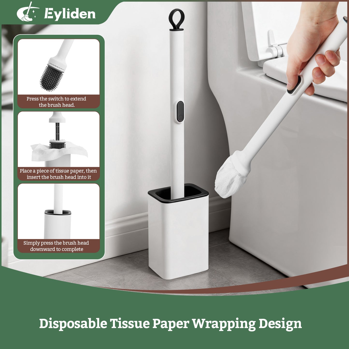 Eyliden Disposable Toilet Brush and Holder Set with 30PCS Dry Wipes, White