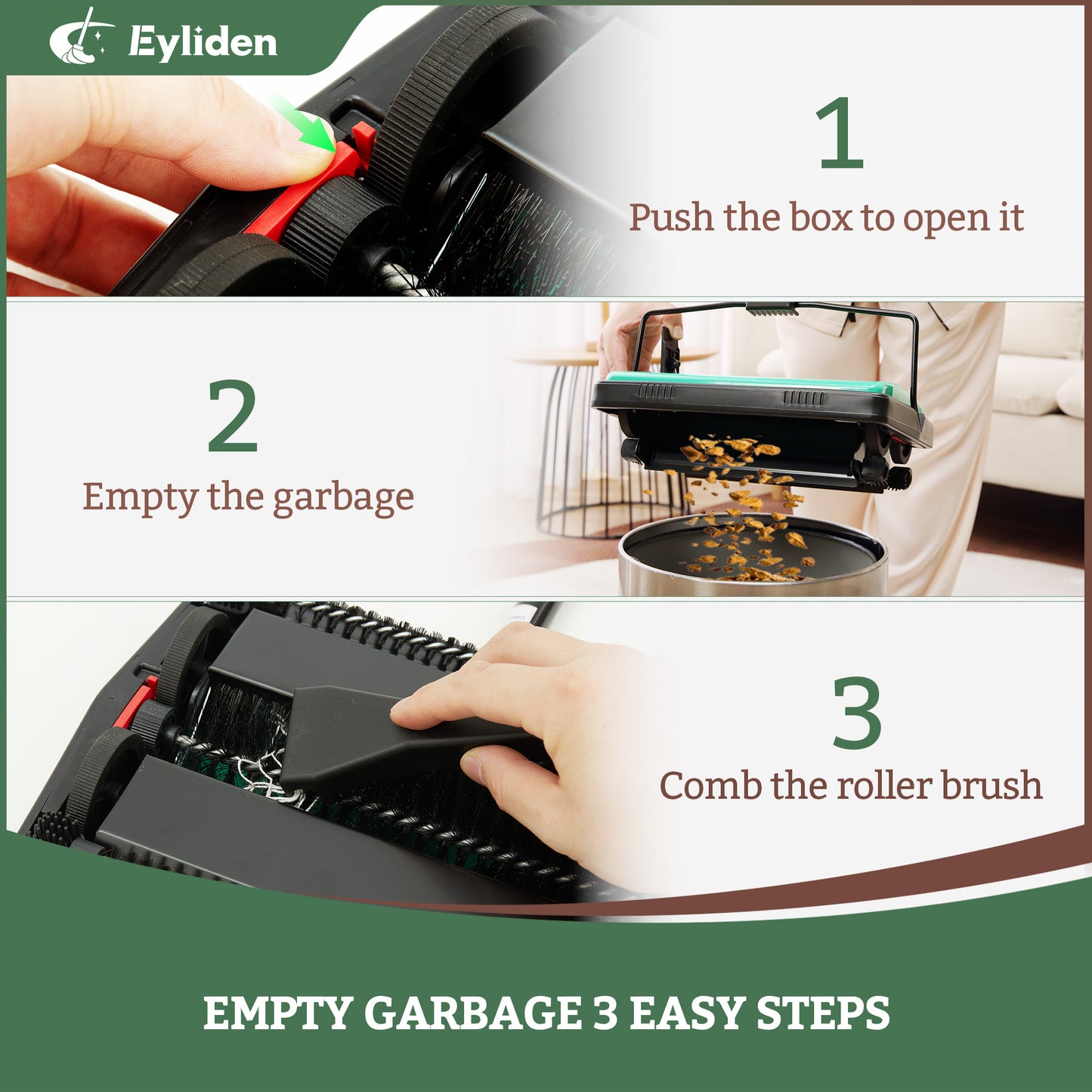 Eyliden New Upgrade Manual Carpet Sweeper with Extra Replaceable Roller Brush, L size, Green
