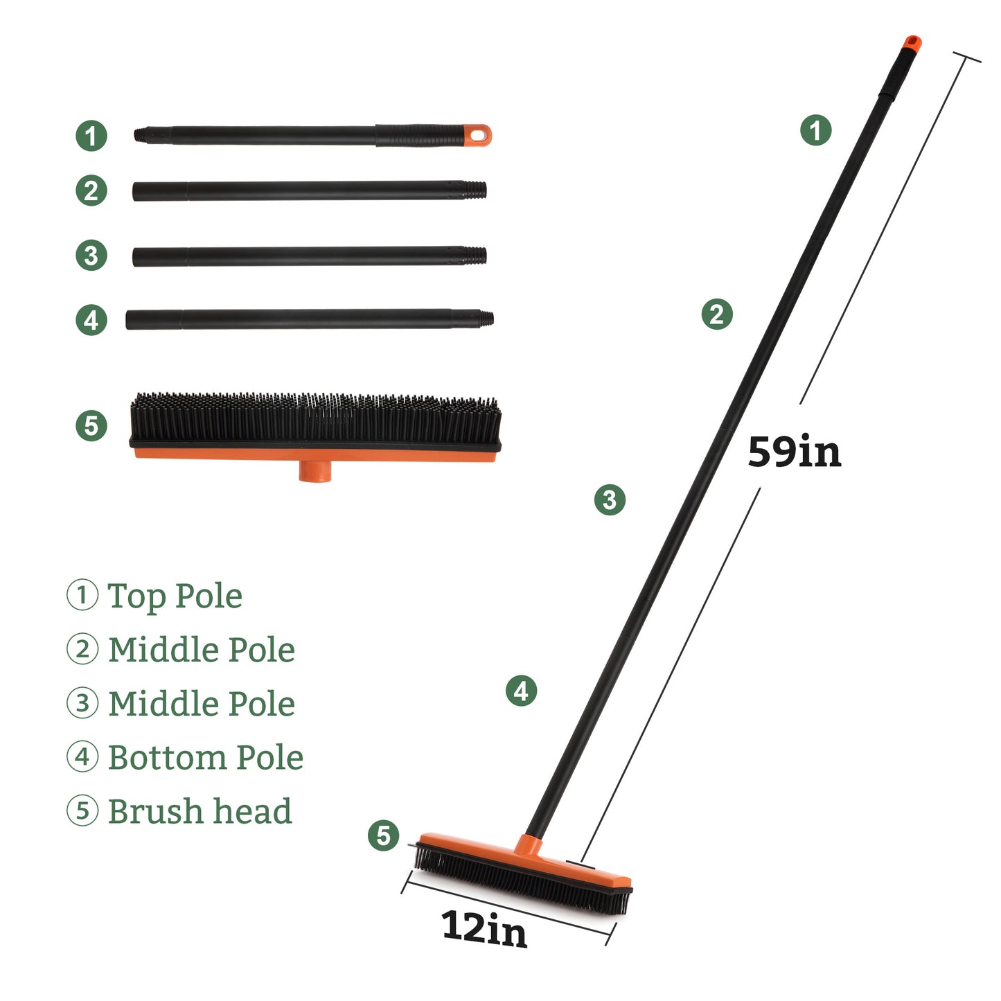 Eyliden Pet Hair Removal Rubber Broom with Squeegee, 54in Orange