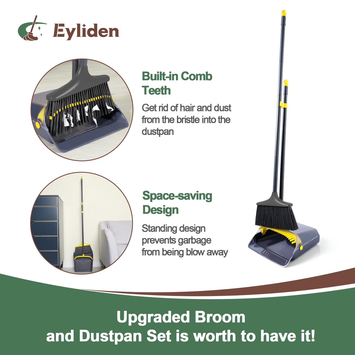 Eyliden Upgrade Design Broom and Dustpan Set, Long Handle Broom with Standing Dustpan Comb Set for Home Kitchen Room Office Lobby Floor, Dark Grey and Yellow