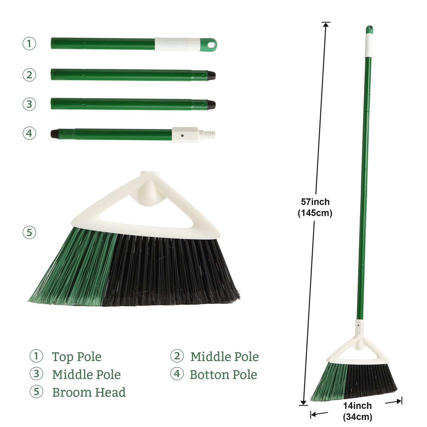 Eyliden Angle Broom 57" Long Handle PET Bristles Heavy Duty Indoor Outdoor, Green