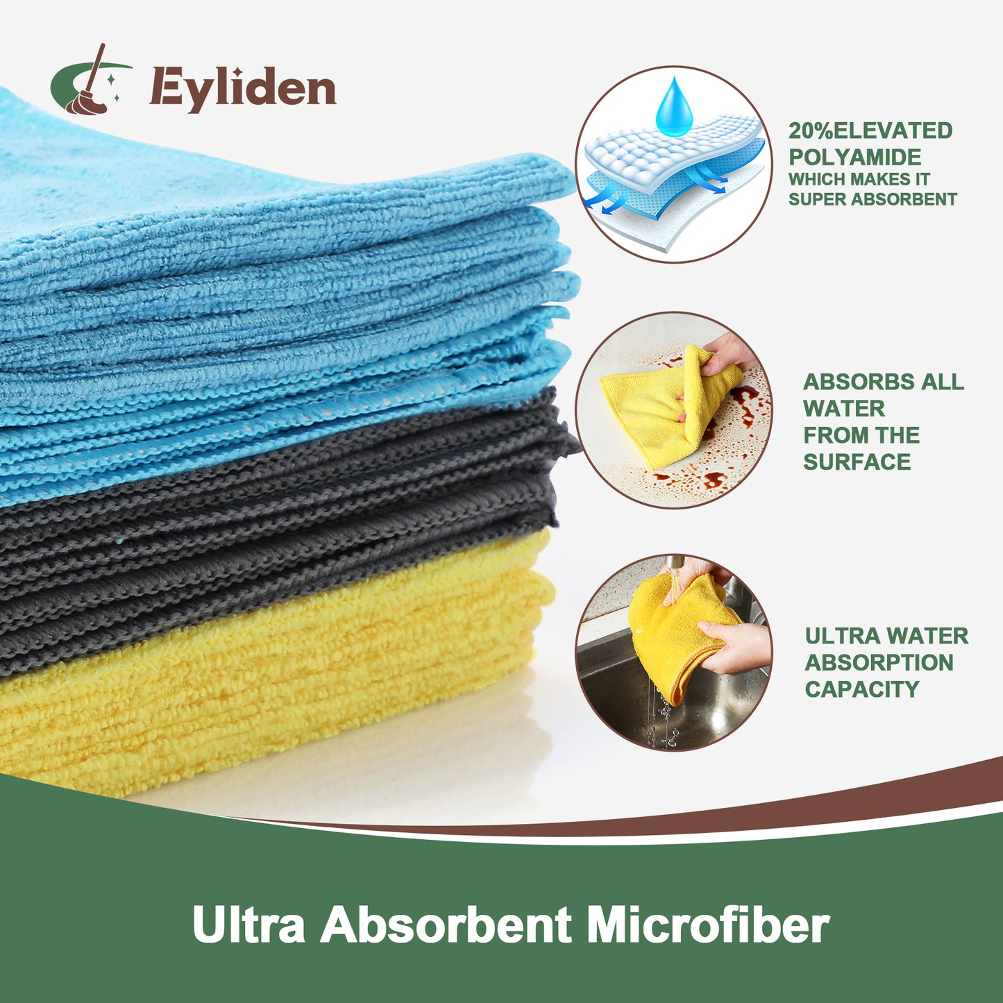 Eyliden Microfiber Reusable Cleaning Cloth Pads, 3 Colors, 50 Count, 5 Pack