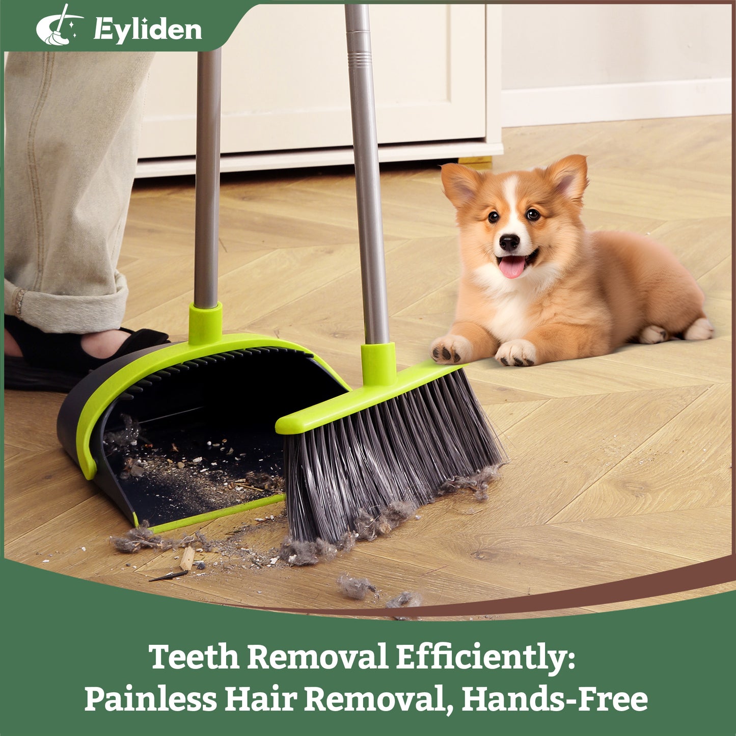 Eyliden Upgrade Broom and Dustpan Combo Set with Soft-touch Handlegrip, Extendable to 52",Green & Grey