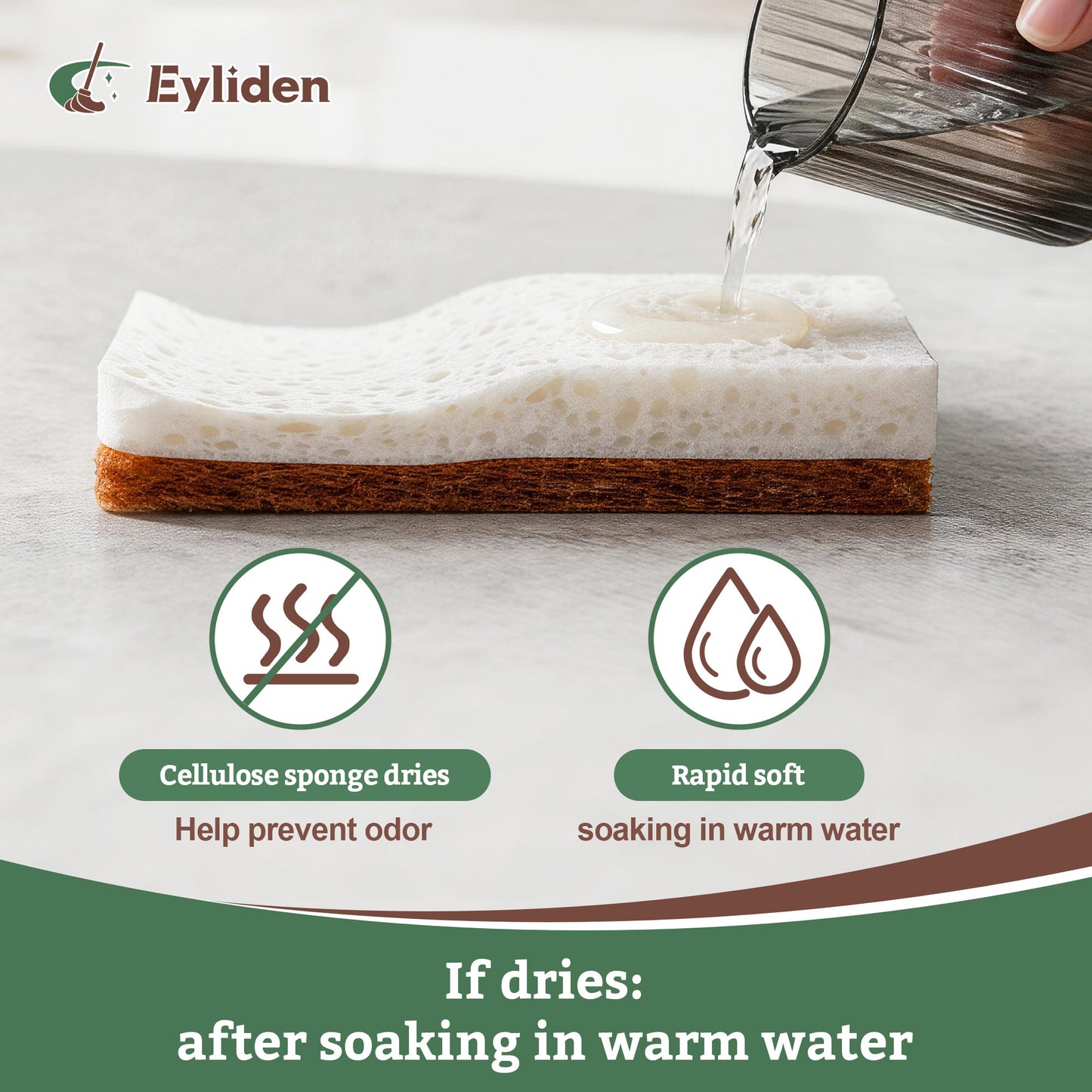Eyliden  Dual-Sided Natural Cellulose Sponges - Coconut Fiber Scrub for Dishes, 12 Pack