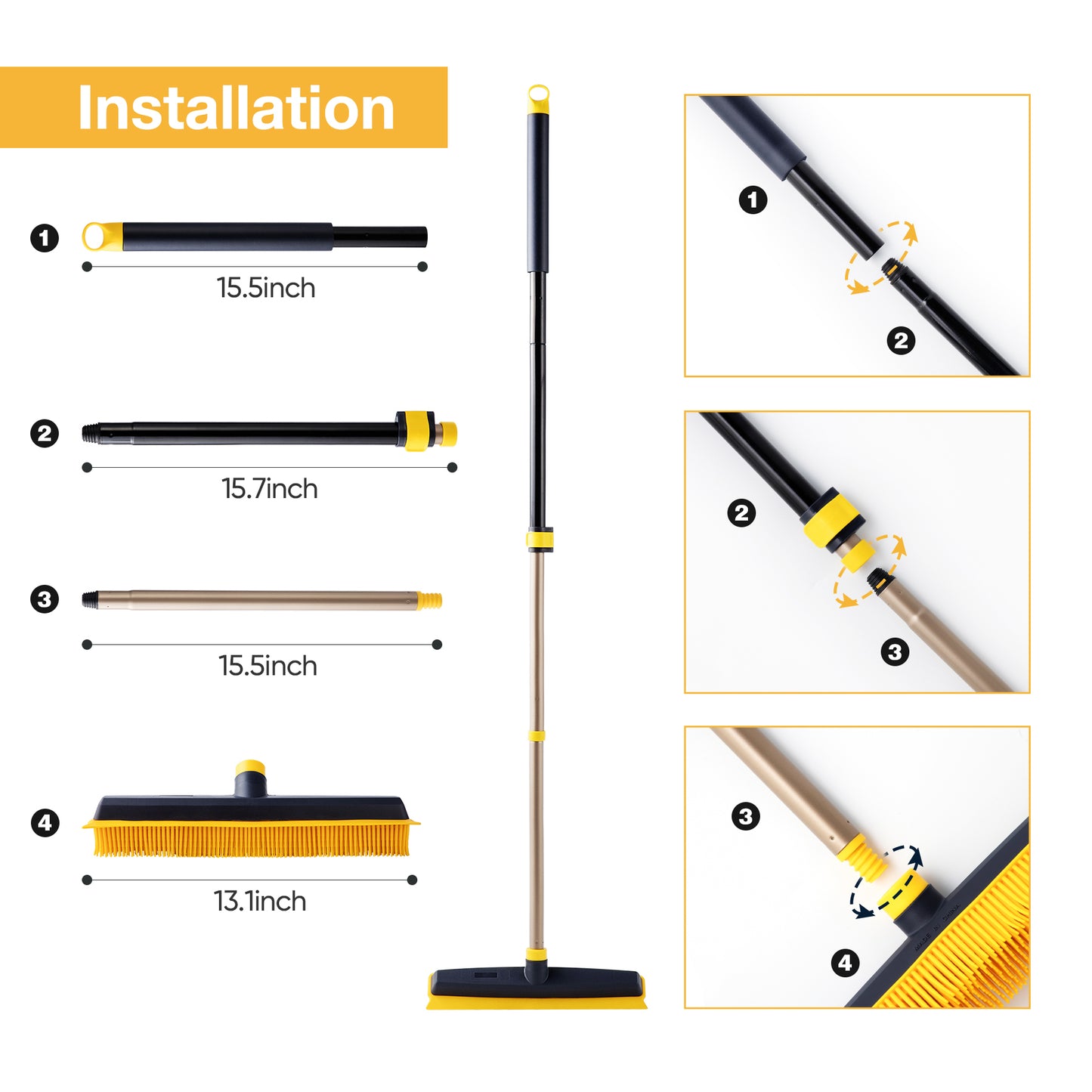 Eyliden Pet Hair Removal Carpet Rake, 2 in 1 Rubber Broom with Squeegee for Sweeping, Brush Hardwood Floor Tile Low Carpets, 53" Adjustable Handle for Floor Dusting, Black and Yellow