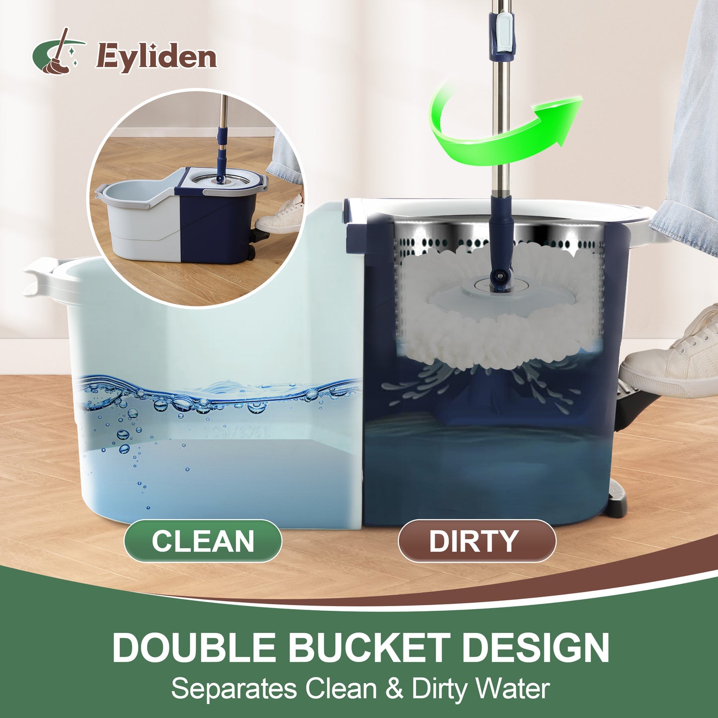 Eyliden Spin Mop and Bucket Set with Foot Pedal Wringer and 3 Pads for Hardwood & Tile Floors