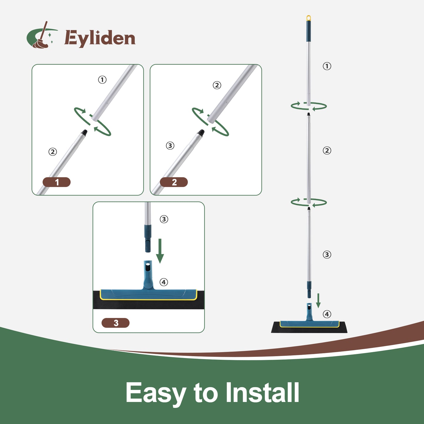 Eyliden 13.4 in Foam Blade Squeegee for Floor Sqeegee with Adjustable Aluminum Pole, 54in Long, Blue