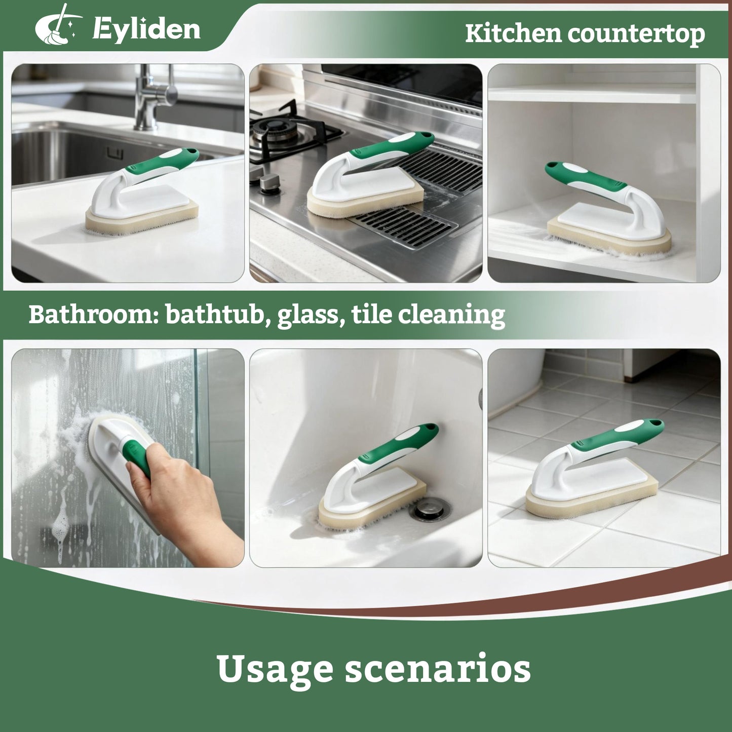 Eyliden Kitchen Scrub Sponge Brush with Handle, 5 Refills, Green Bathtub Scrubber