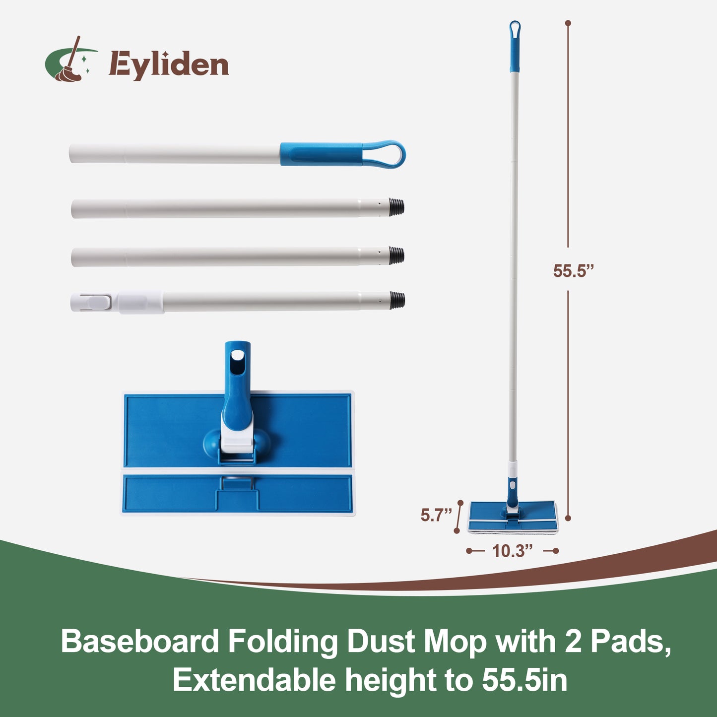 Eyliden Baseboard Cleaner Mop with Long Handle, Folding Sweeper Mop Wet & Dry (1 Mop Kit 2 Pad Refills)