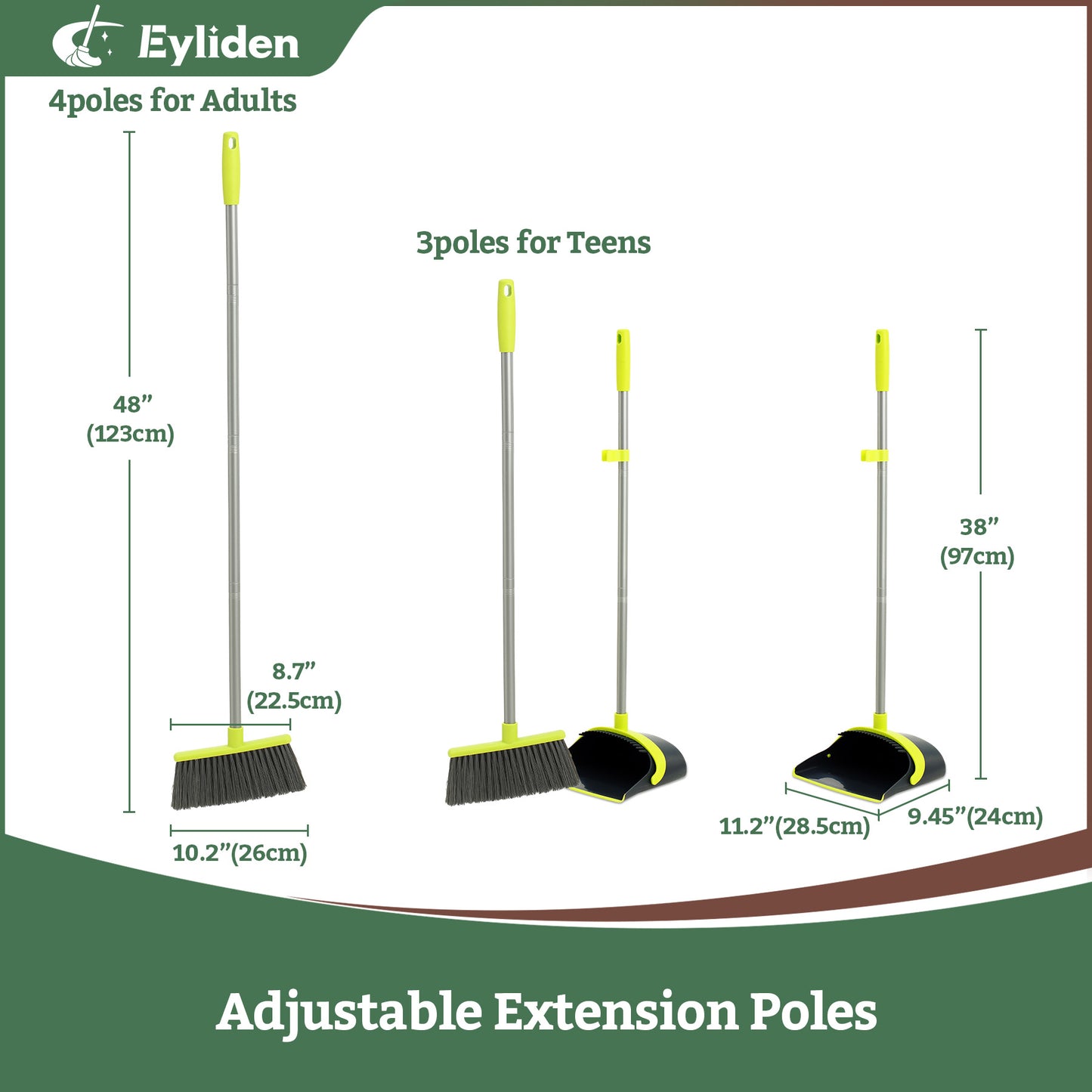 Eyliden Upgrade Broom and Dustpan Combo Set with Soft-touch Handlegrip, Extendable to 52",Green & Grey