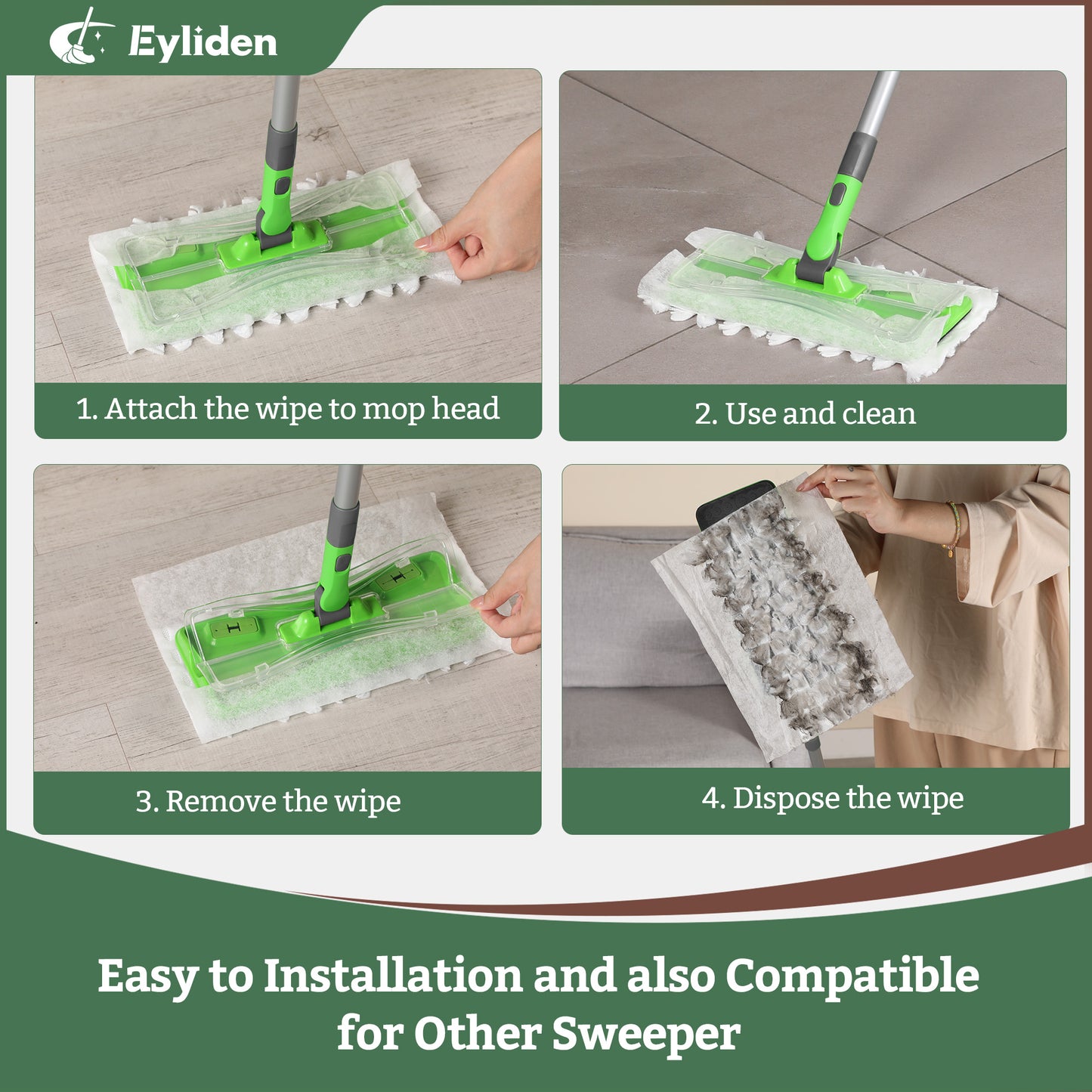 Eyliden Disposable Mop Full Kit with 37 Refills for Floor Cleaning -1 Sweeper Mop, 12 Wet Mop Cloths, 12 Heavy-Duty Pet Hair Mop Pads, 12 Dry Sweeping Cloths, 1 Reusable Pad, 38 Piece Set