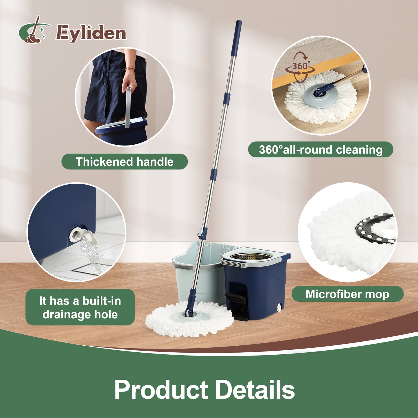 Eyliden Spin Mop and Bucket Set with Foot Pedal Wringer and 3 Pads for Hardwood & Tile Floors