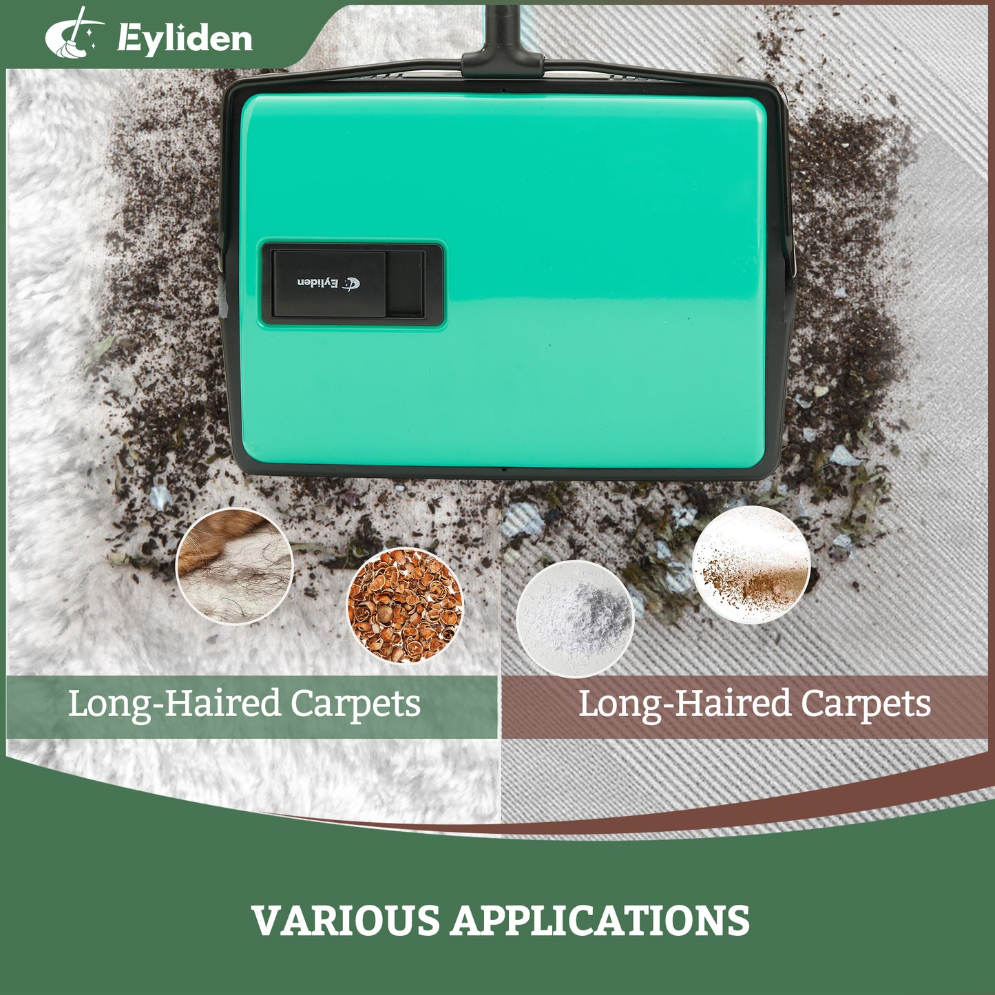 Eyliden New Upgrade Manual Carpet Sweeper with Extra Replaceable Roller Brush, L size, Green