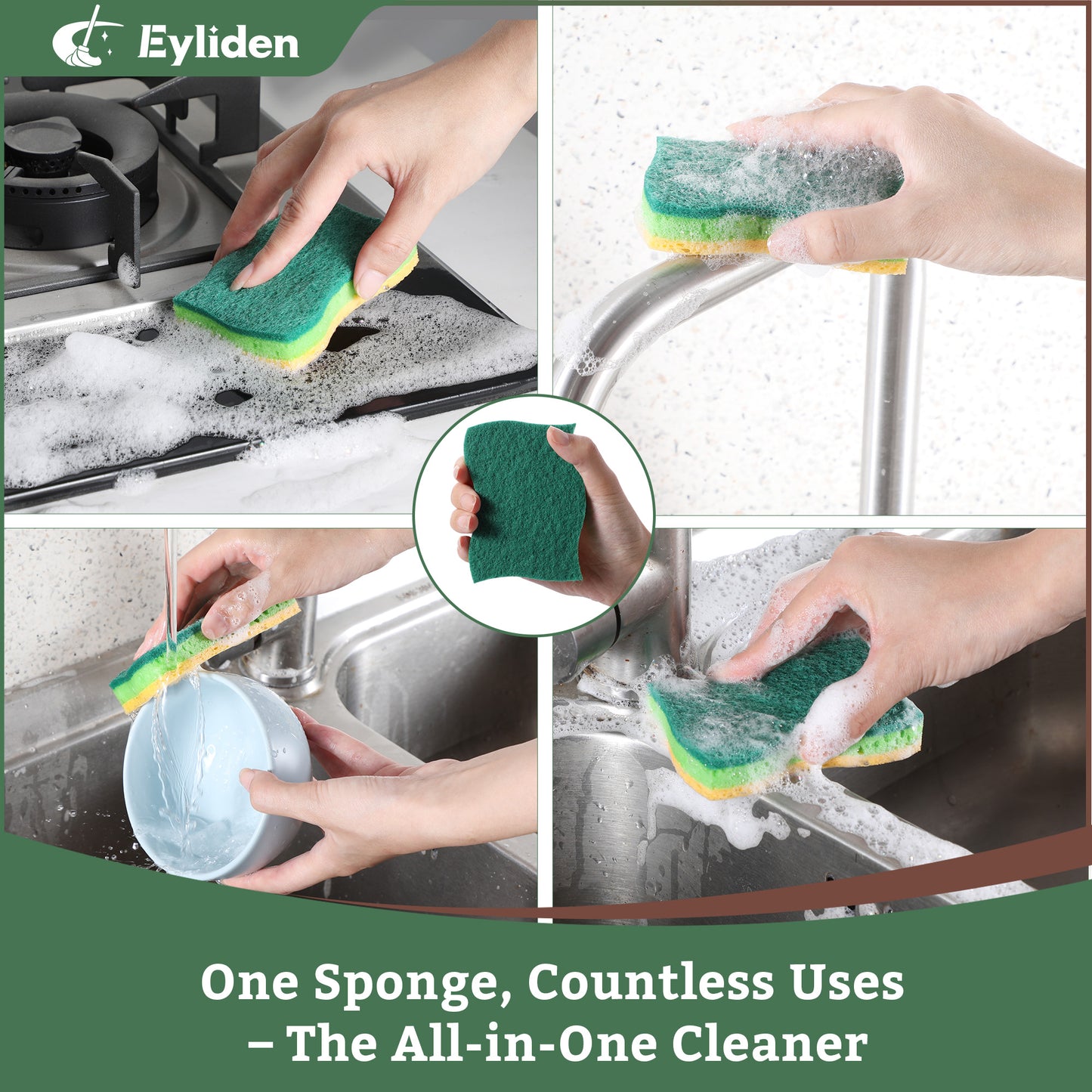 Eyliden Kitchen Cleaning Tool Set, 3-Pack Scrub Brush Kit with Sponges