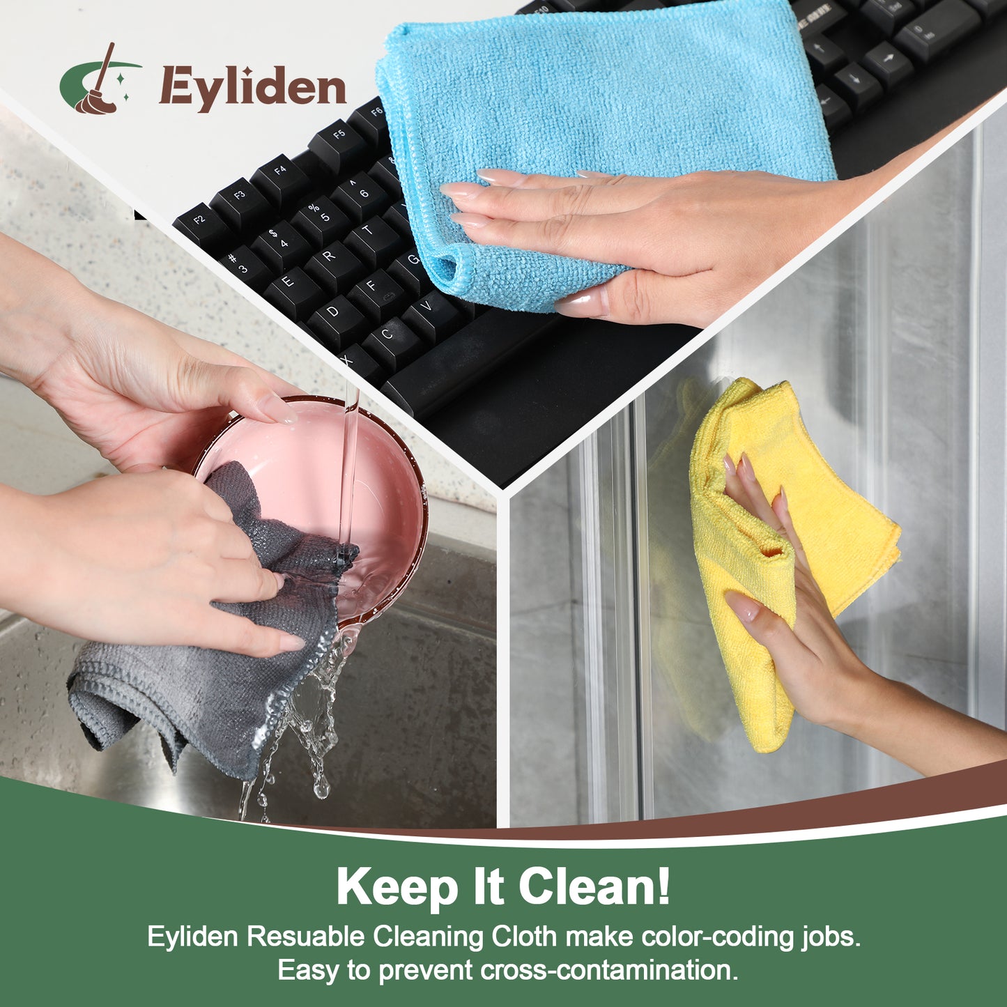 Eyliden Microfiber Reusable Cleaning Cloth Pads, 3 Colors, 50 Count, 5 Pack