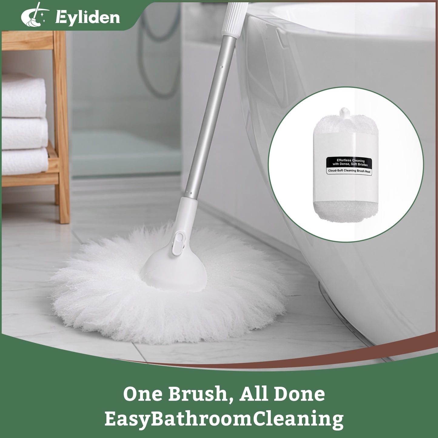 Eyliden 50in Bathtub Brush with 2 Heads, Soft Bristle Scrubber for Tubs & Sinks, White
