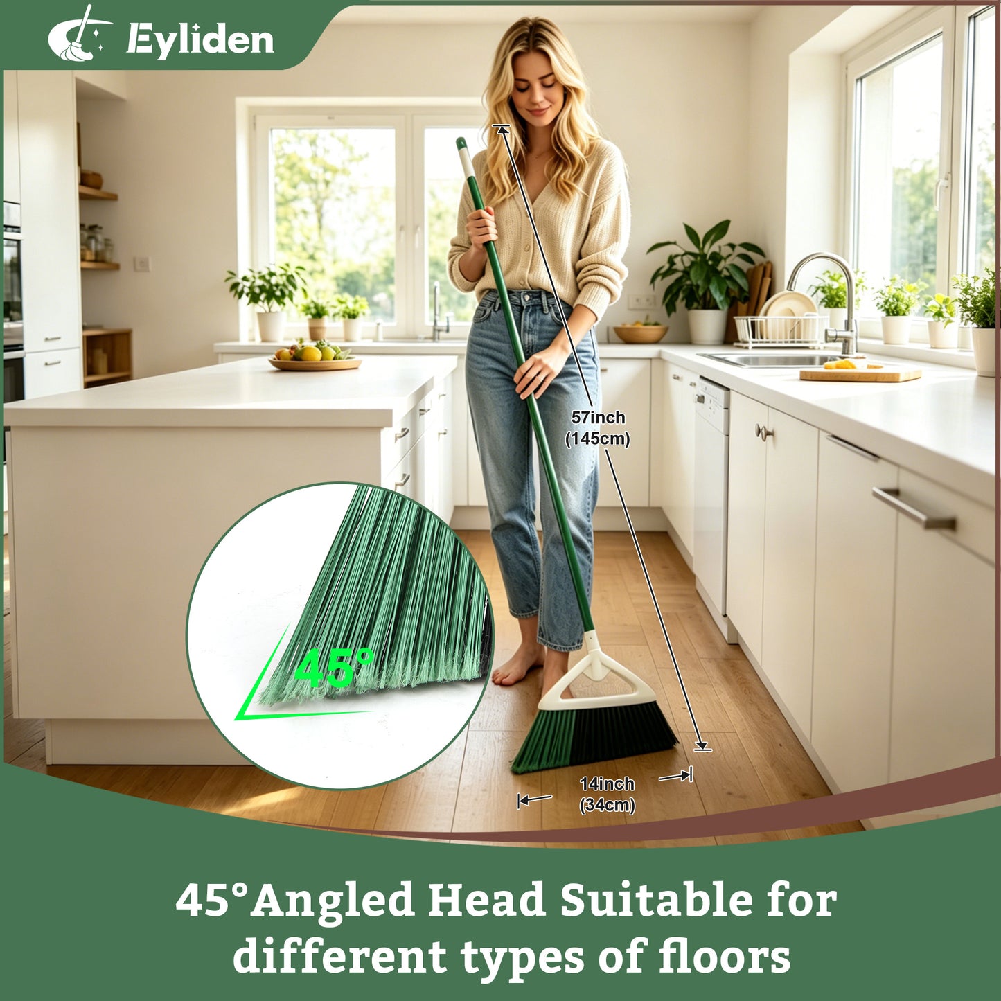 Eyliden Angle Broom 57" Long Handle PET Bristles Heavy Duty Indoor Outdoor, Green