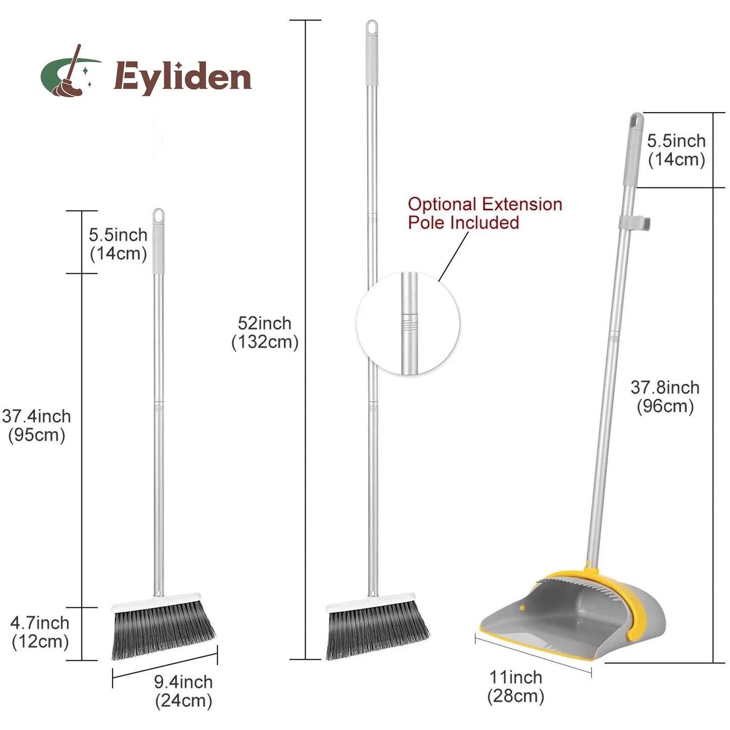 Broom and Dust Pan Set Bristles Upright Stand up Light Weight Long Handle Broom Comb Indoor Outdoor Perfect for Home Kitchen Room Office Lobby Floor Pet Hair Rubbish 52" Broom