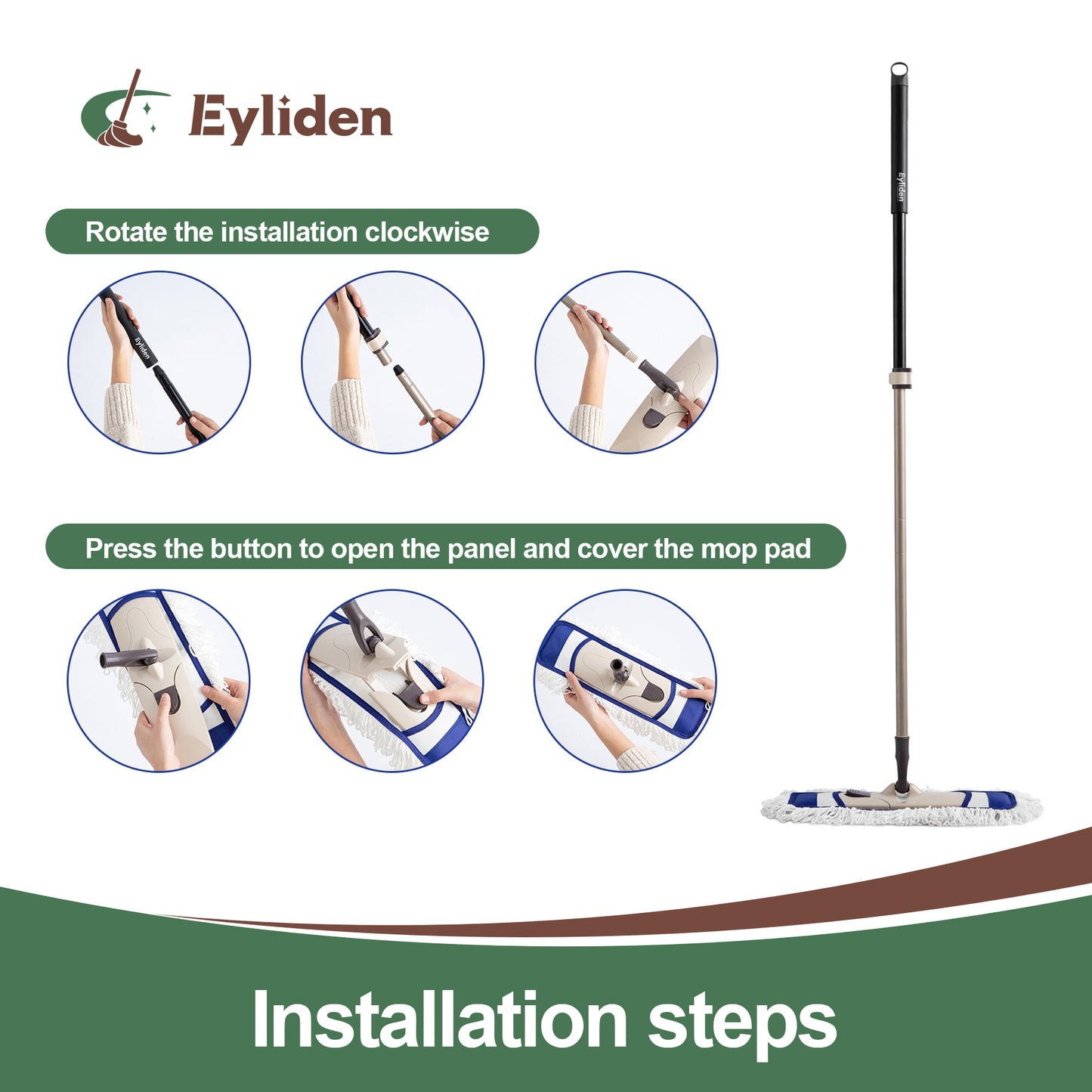 Eyliden Microfiber Dust Mops for Hardwood Floors Wet & Dry Cleaning, Sweeper with Total 2 Mop Pads