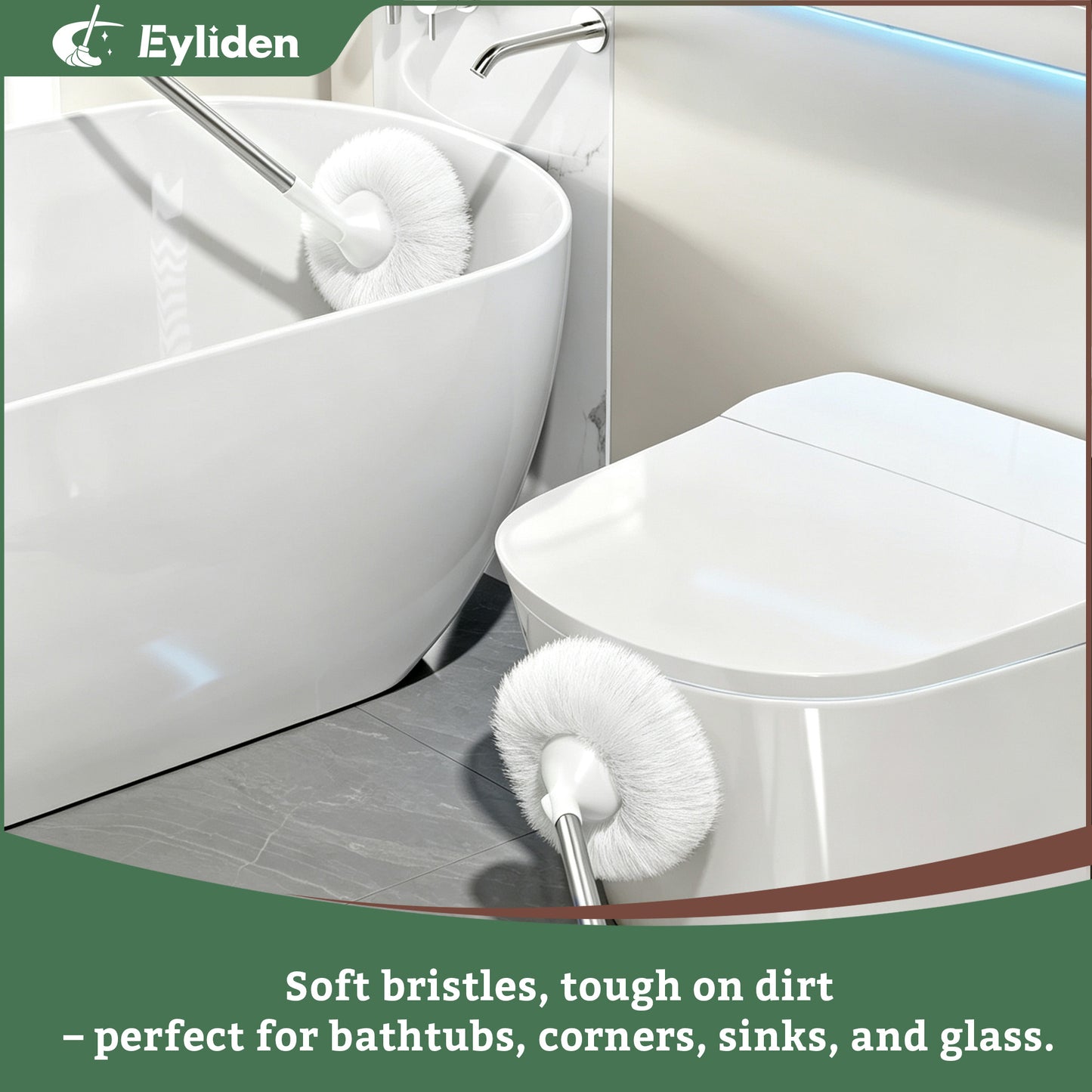 Eyliden 50in Bathtub Brush with 2 Heads, Soft Bristle Scrubber for Tubs & Sinks, White