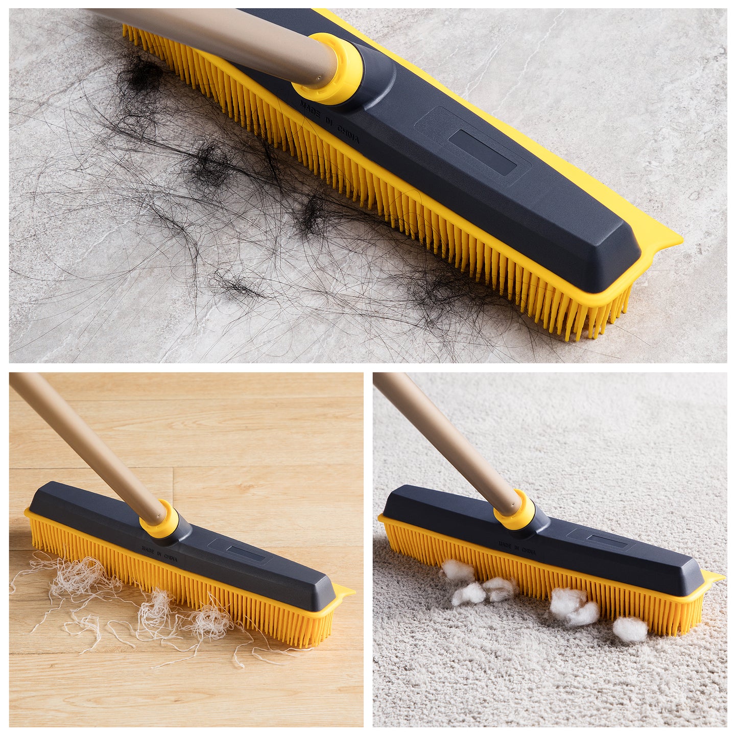 Eyliden Pet Hair Removal Carpet Rake, 2 in 1 Rubber Broom with Squeegee for Sweeping, Brush Hardwood Floor Tile Low Carpets, 53" Adjustable Handle for Floor Dusting, Black and Yellow