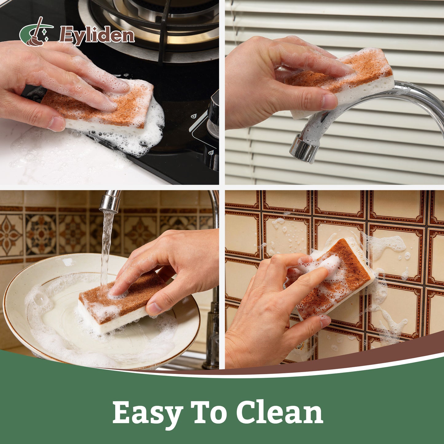 Eyliden  Dual-Sided Natural Cellulose Sponges - Coconut Fiber Scrub for Dishes, 12 Pack