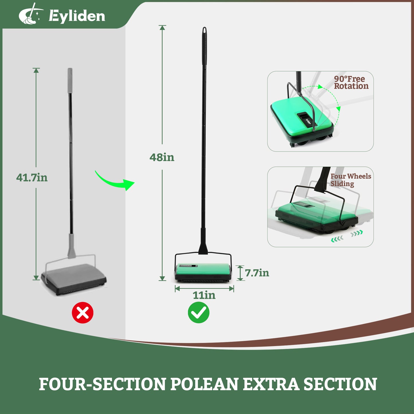 Eyliden New Upgrade Manual Carpet Sweeper with Extra Replaceable Roller Brush, L size, Green