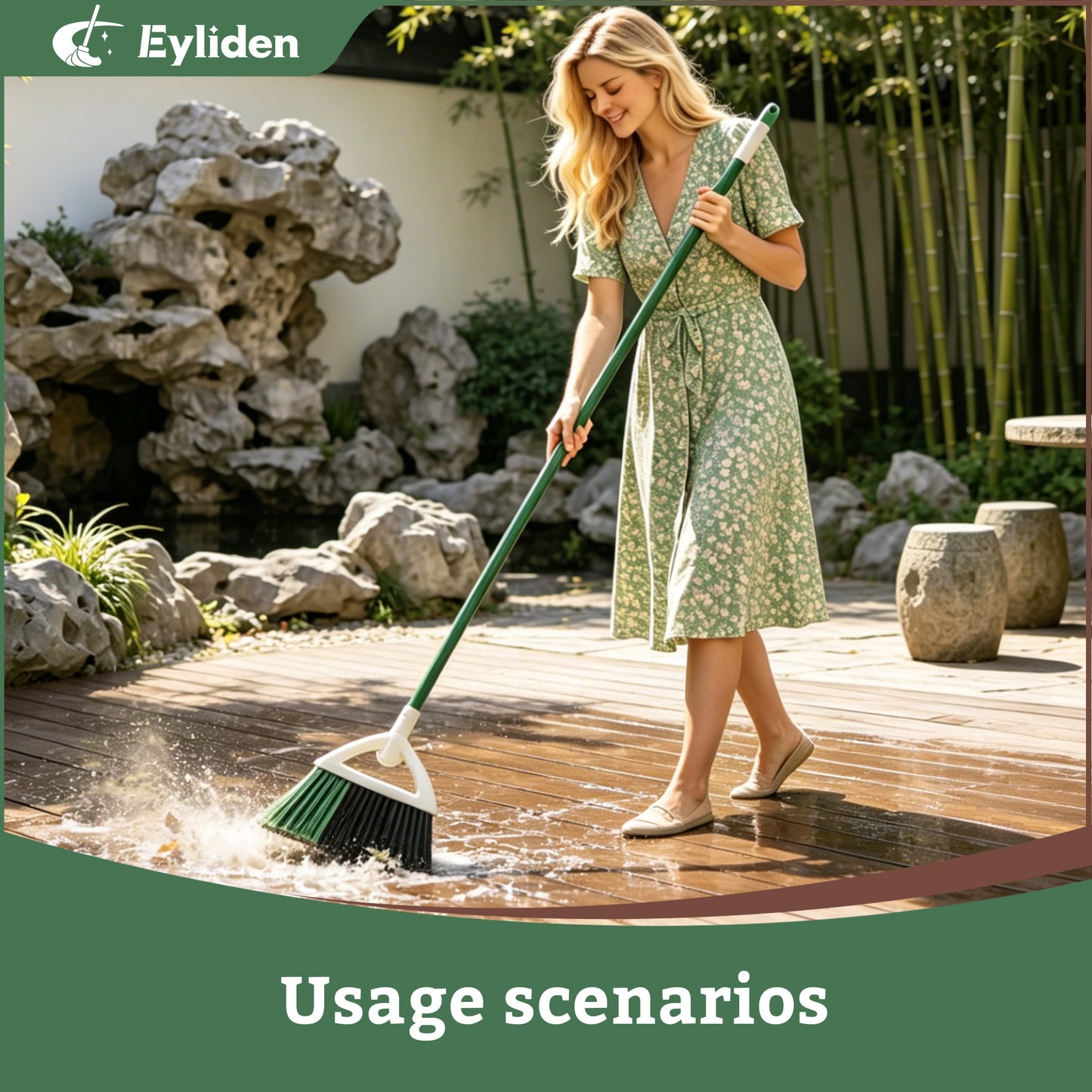 Eyliden Angle Broom 57" Long Handle PET Bristles Heavy Duty Indoor Outdoor, Green