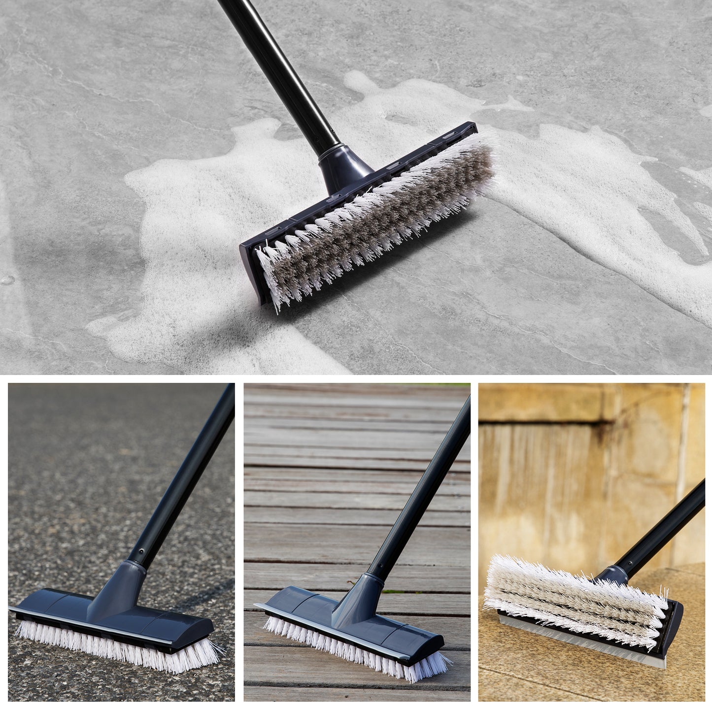 Eyliden Floor Scrub Brush with 50” Long Handle, 2 in 1 Scrape Brush, Stiff Bristle for Cleaning Bathroom, Patio, Kitchen, Tile, Wall and Deck, Black