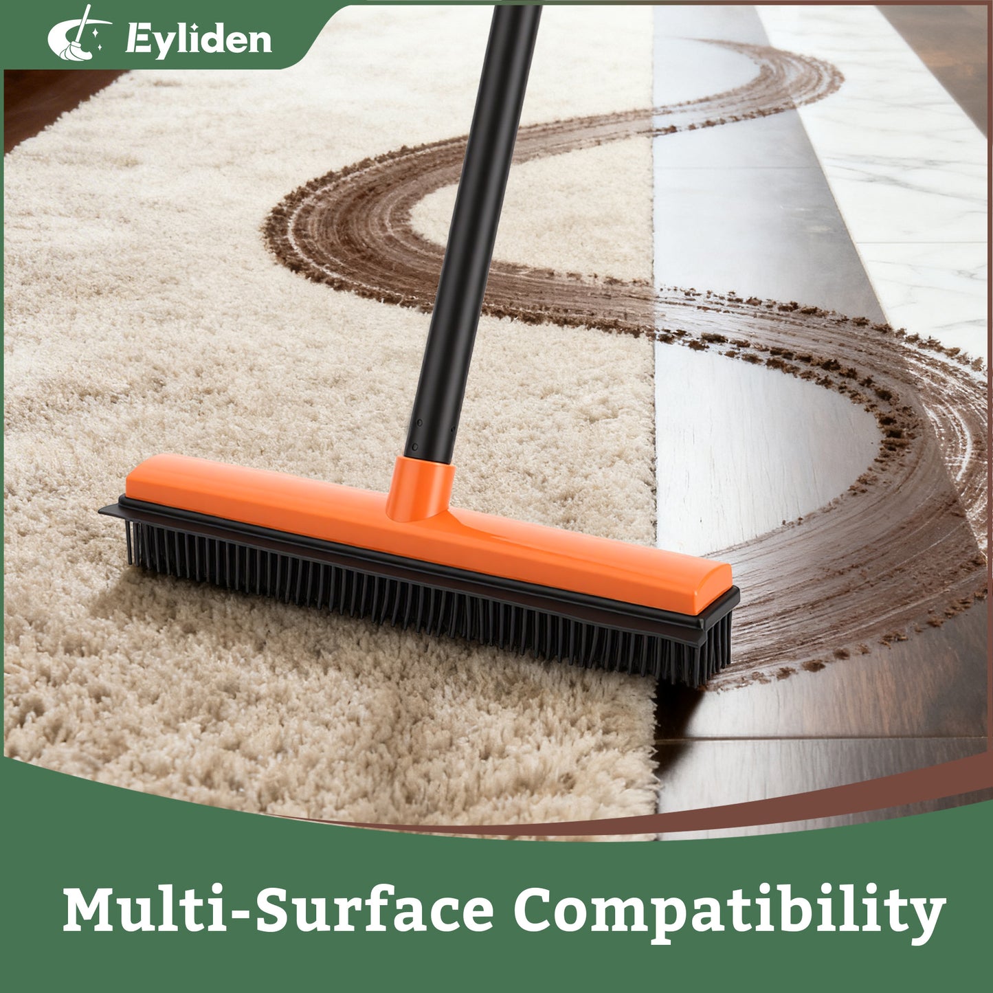 Eyliden Pet Hair Removal Rubber Broom with Squeegee, 54in Orange