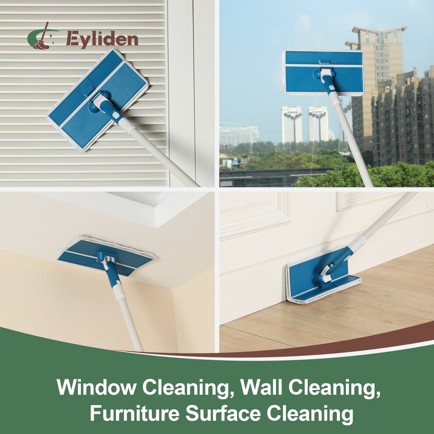 Eyliden Baseboard Cleaner Mop with Long Handle, Folding Sweeper Mop Wet & Dry (1 Mop Kit 2 Pad Refills)