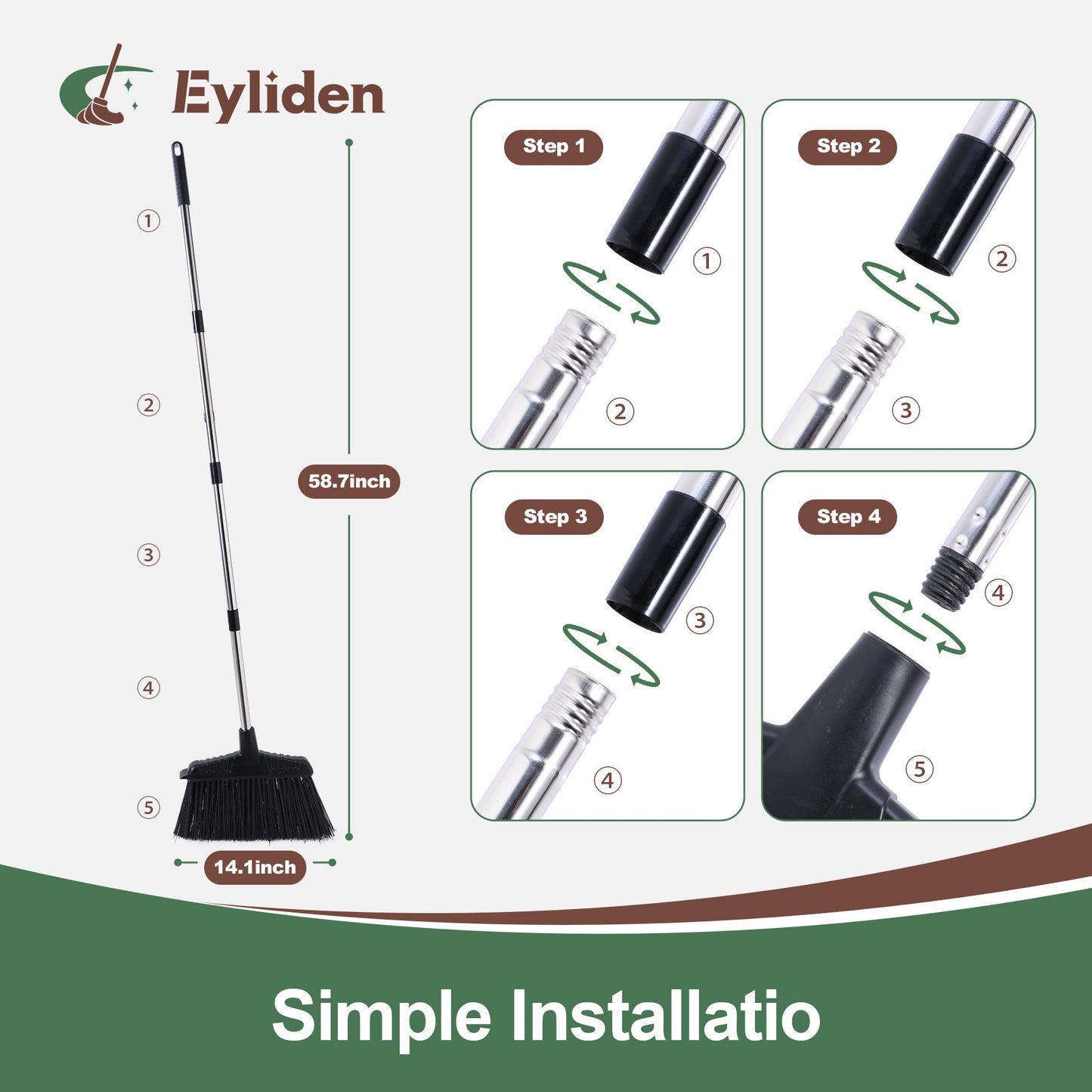 Eyliden Heavy-Duty Broom, Sweeping for Outdoor and Indoor, 58.7in, Black